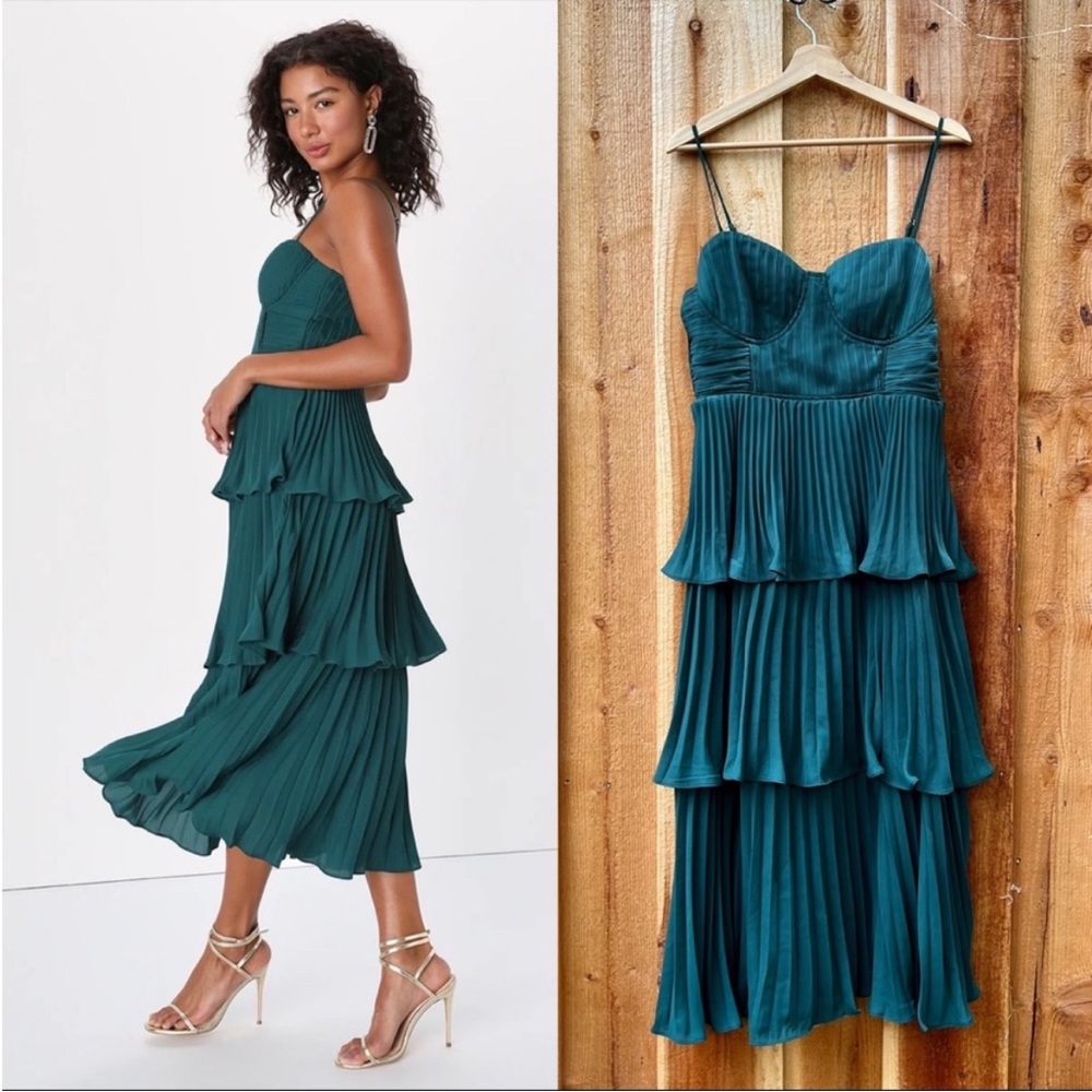 Emerald Green Bustier Corset Pleated Tiered Chiffon Midi Dress 🌿